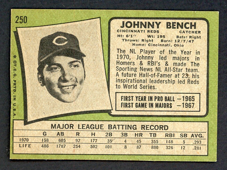 1971 Topps Baseball #250 Johnny Bench Reds Authentic trimmed 550742