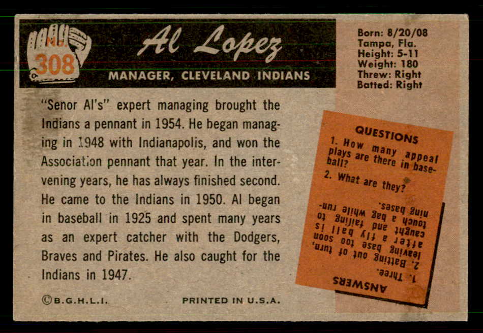 1955 Bowman Baseball #308 Al Lopez Indians VG-EX 550747