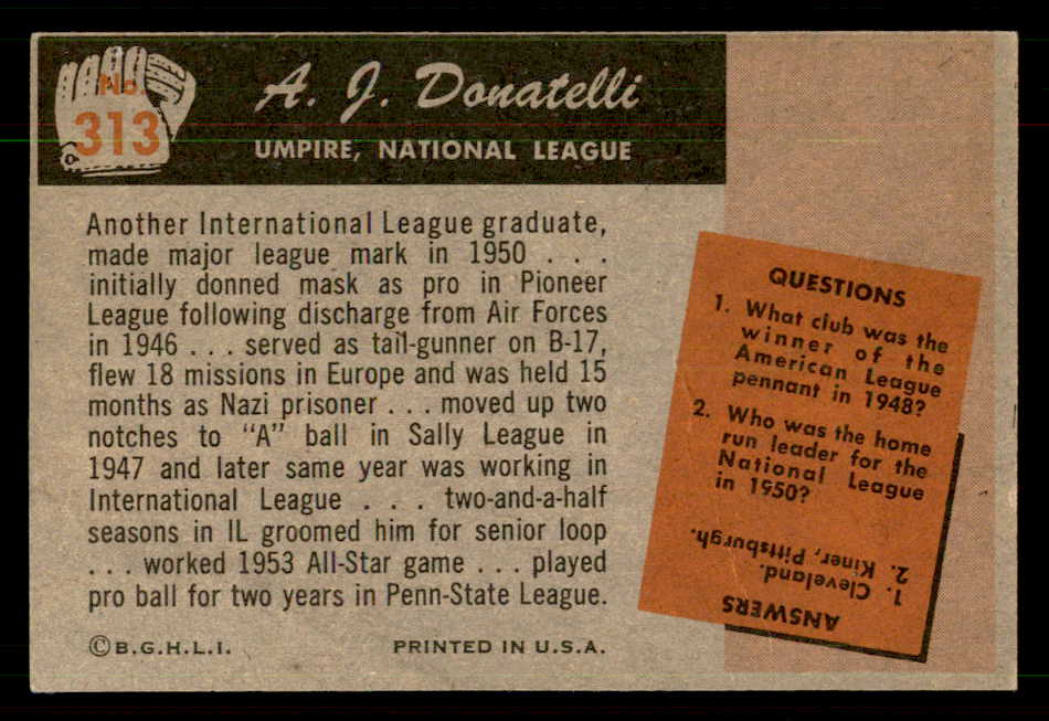 1955 Bowman Baseball #313 Augie Donatelli Umpire VG-EX 550755