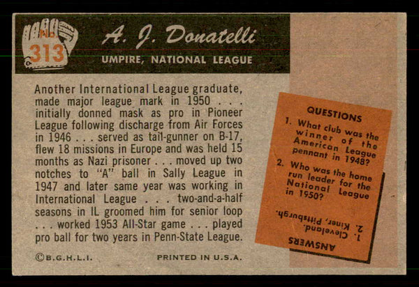 1955 Bowman Baseball #313 Augie Donatelli Umpire VG-EX 550755