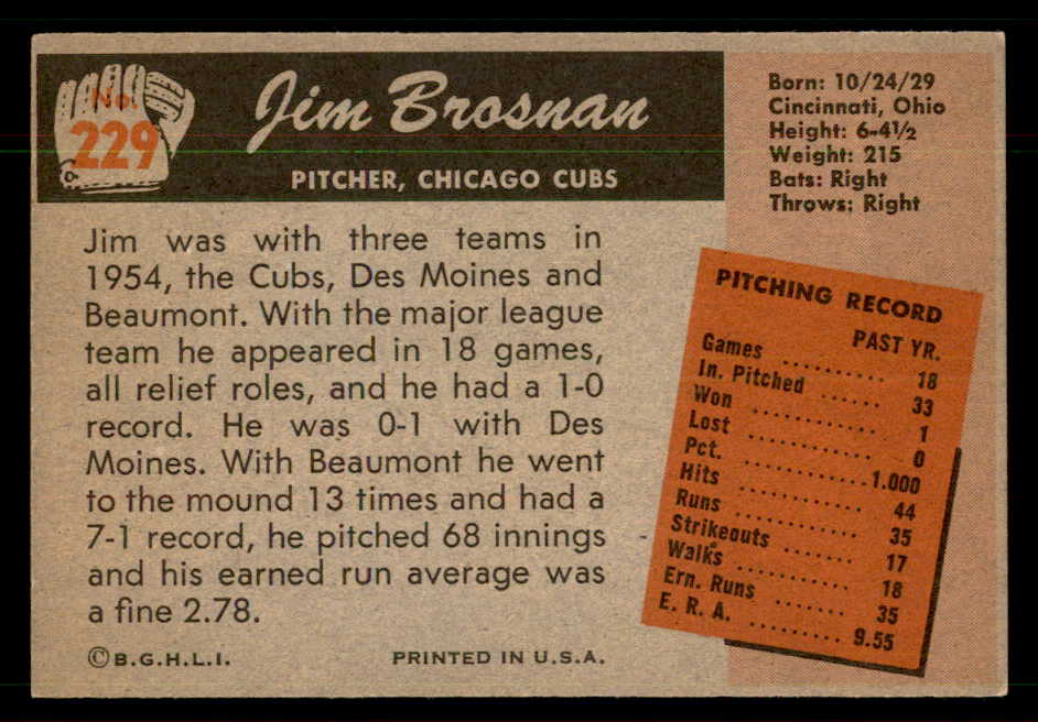 1955 Bowman Baseball #229 Jim Brosnan Cubs EX-MT 550769