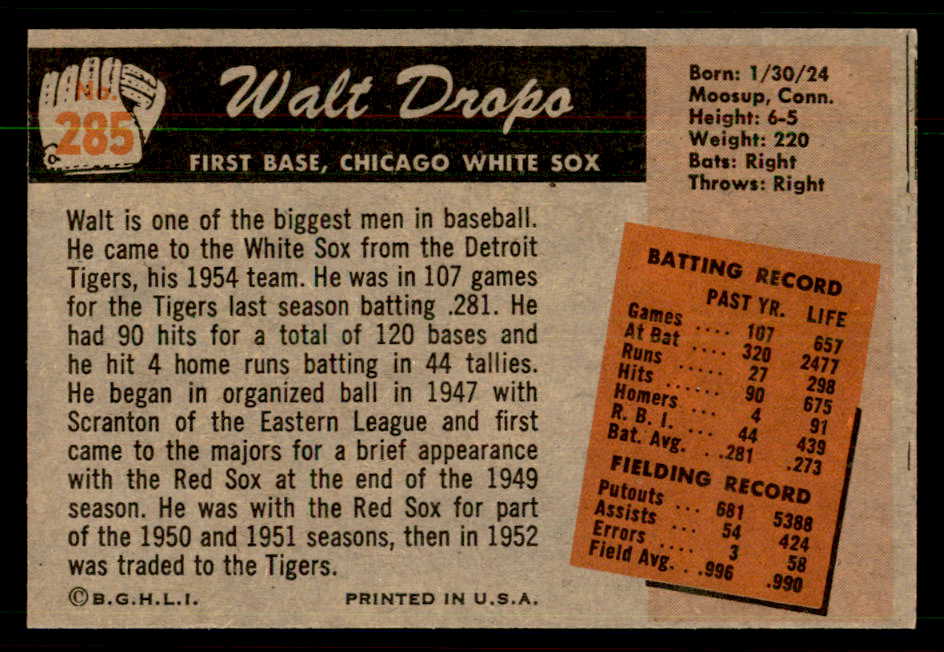 1955 Bowman Baseball #285 Walt Dropo White Sox EX 550788