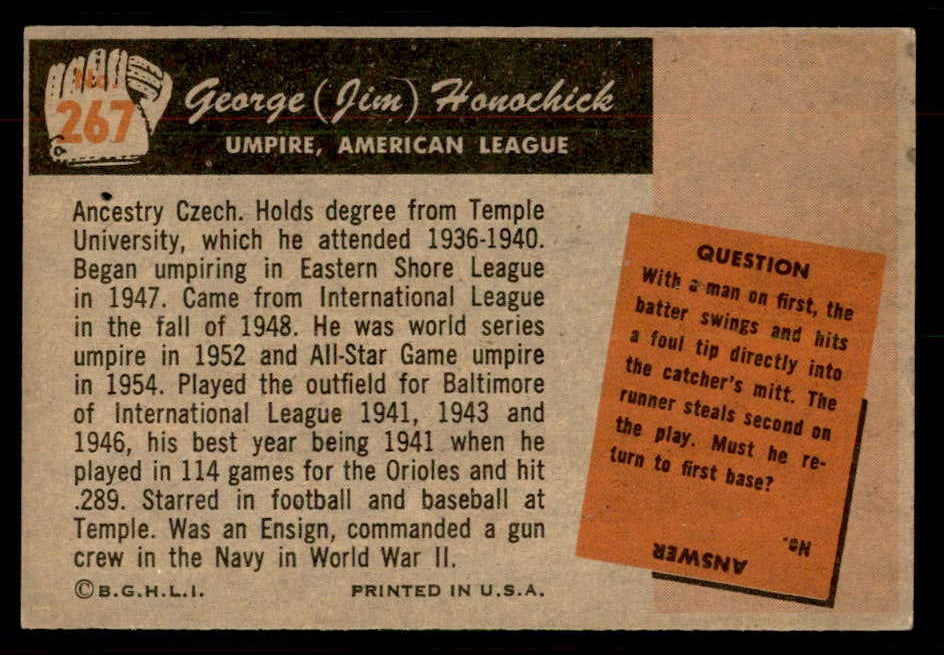 1955 Bowman Baseball #267 Jim Honochick Umpire EX 550807