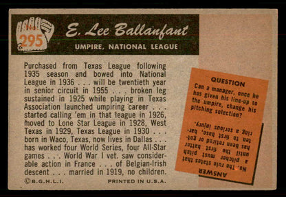 1955 Bowman Baseball #295 E. Lee Ballanfant Umpire EX 550819