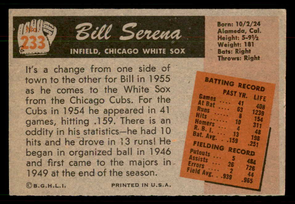 1955 Bowman Baseball #233 Bill Serena White Sox VG-EX 550825