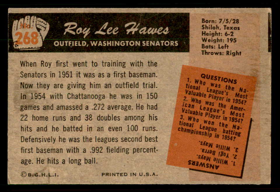 1955 Bowman Baseball #268 Roy Hawes Senators VG-EX 550841