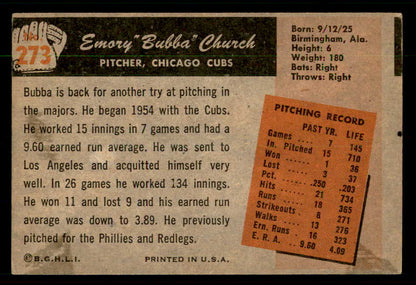 1955 Bowman Baseball #273 Bubba Church Cubs VG-EX 550844