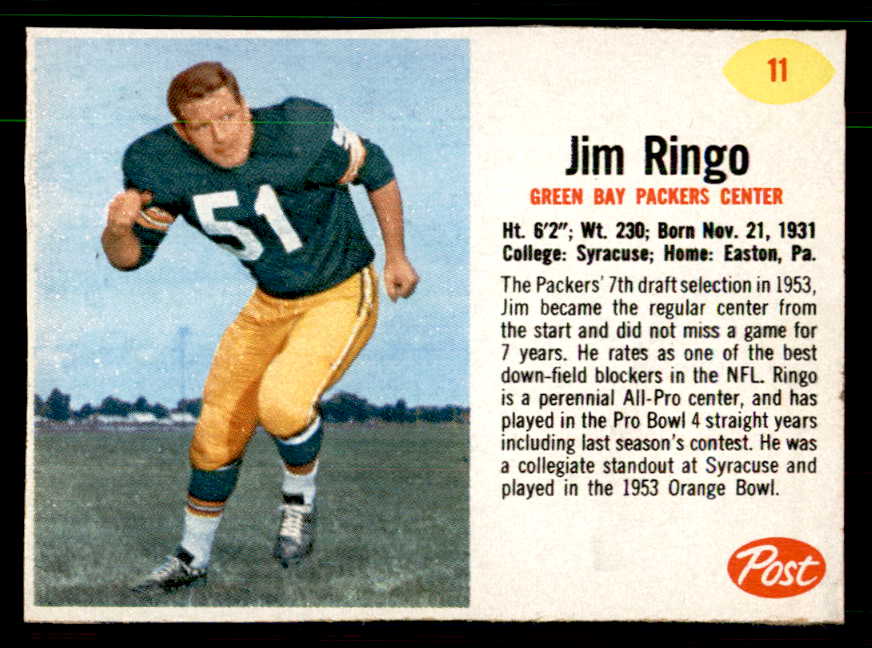 1962 Post Football #011 Jim Ringo Packers EX-MT 550907