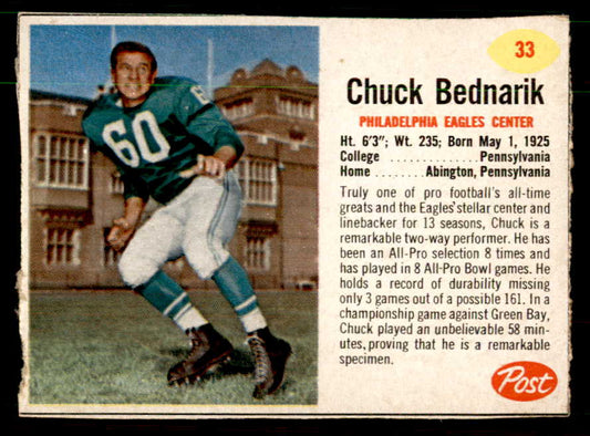 1962 Post Football #033 Chuck Bednarik Eagles VG 550910