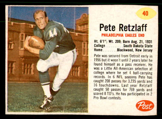 1962 Post Football #040 Pete Retzlaff Eagles Good 550915
