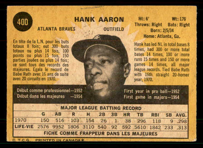1971 O Pee Chee #400 Hank Aaron Braves VG-EX 550920