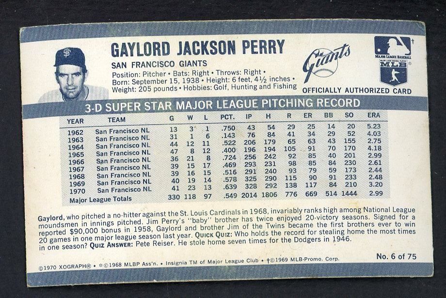 1971 Kelloggs Baseball #006 Gaylord Perry Giants VG 551303