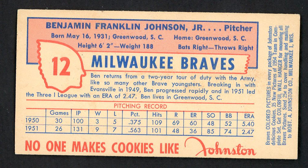 1954 Johnston Cookies #012 Ben Johnson Braves EX-MT 551366