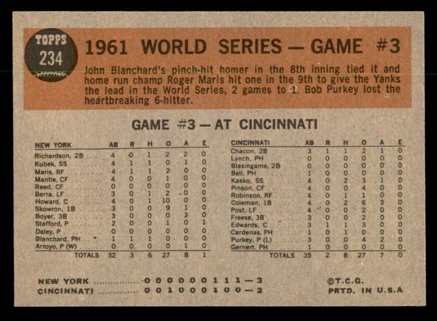 1962 Topps Baseball #234 World Series Game 3 Roger Maris EX 551401
