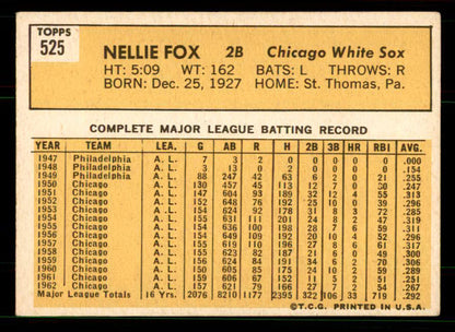1963 Topps Baseball #525 Nellie Fox White Sox EX 551412