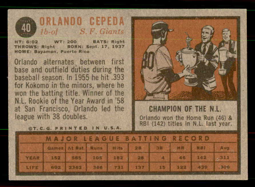 1962 Topps Baseball #040 Orlando Cepeda Giants EX-MT 551416