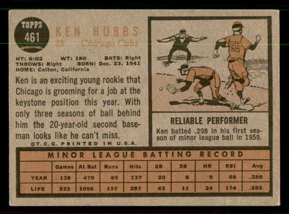 1962 Topps Baseball #461 Ken Hubbs Cubs EX 551434