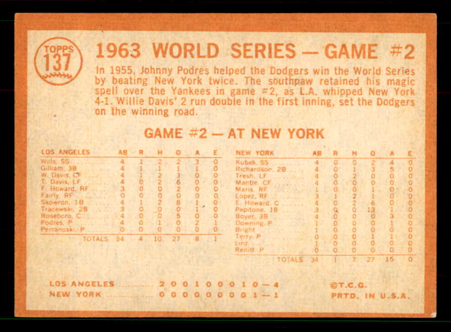 1964 Topps Baseball #137 World Series Game 2 Willie Davis EX-MT 551490