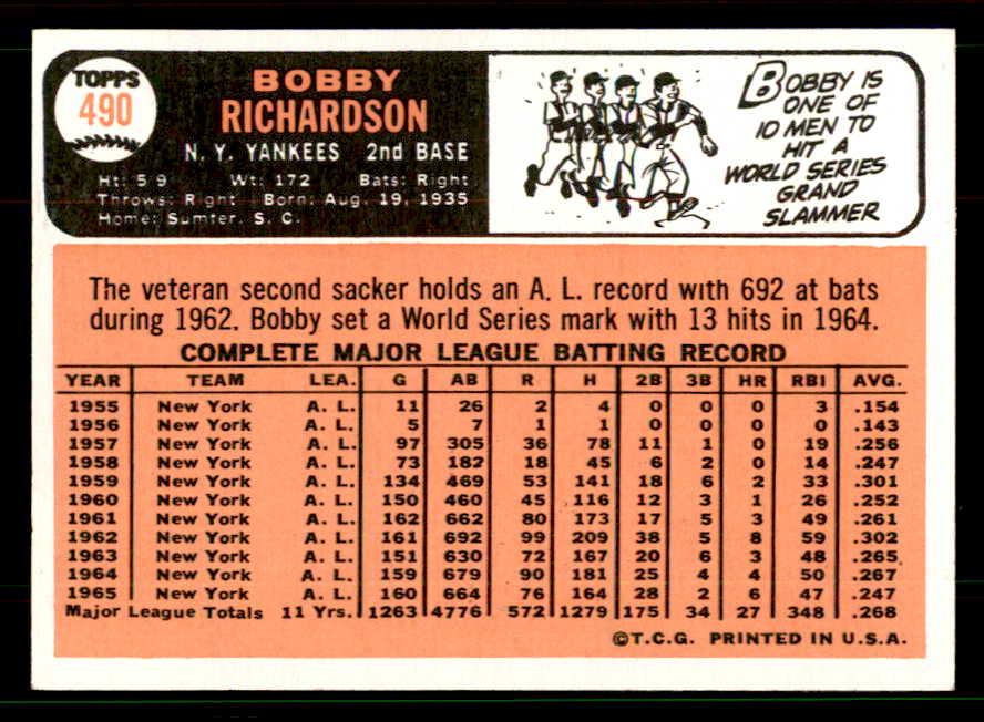 1966 Topps Baseball #490 Bobby Richardson Yankees EX-MT 551503