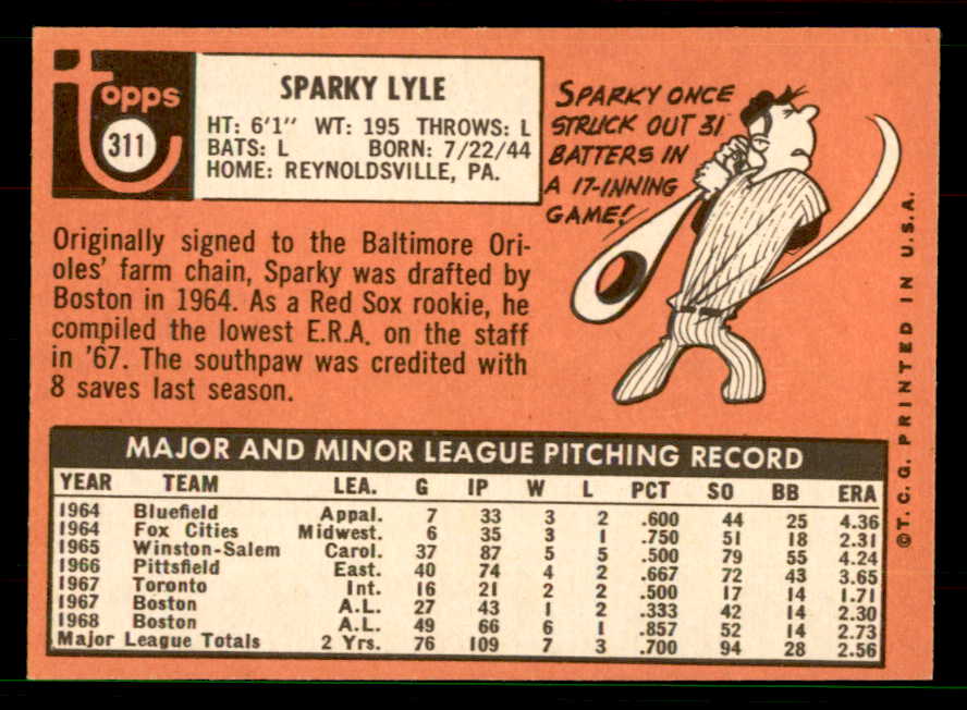 1969 Topps Baseball #311 Sparky Lyle Red Sox EX-MT 551510