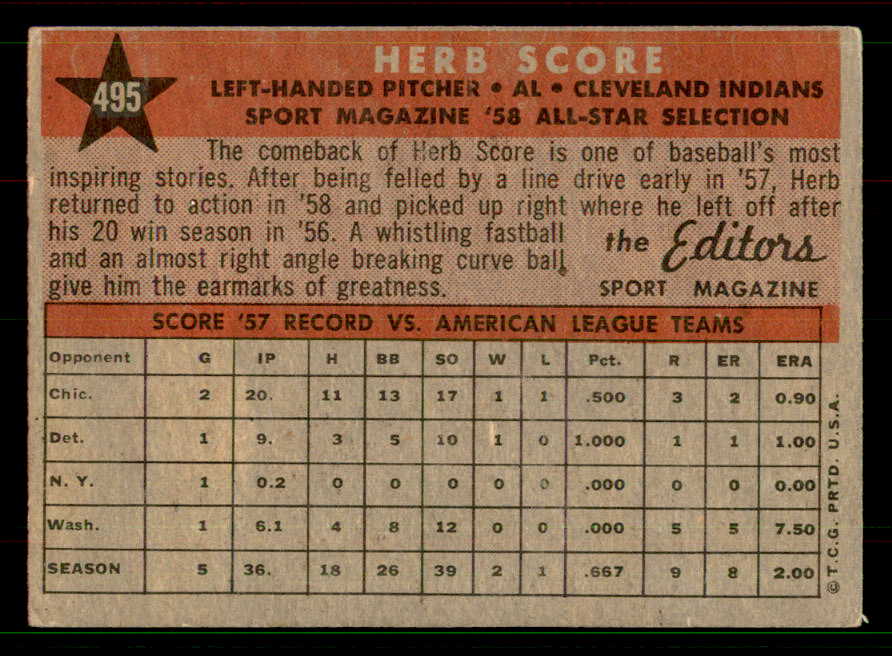 1958 Topps Baseball #495 Herb Score A.S. Indians EX 551524