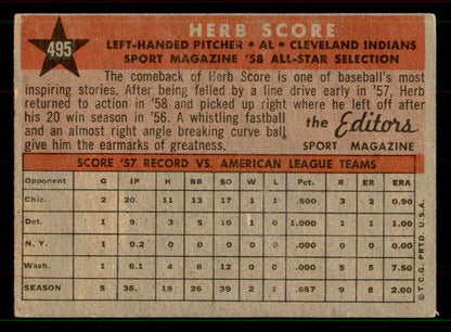 1958 Topps Baseball #495 Herb Score A.S. Indians EX 551524