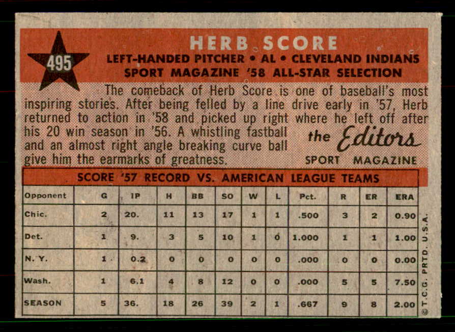 1958 Topps Baseball #495 Herb Score A.S. Indians EX-MT 551526