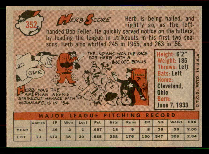 1958 Topps Baseball #352 Herb Score Indians EX 551528