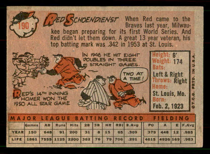 1958 Topps Baseball #190 Red Schoendienst Braves EX-MT 551529