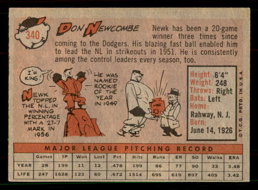 1958 Topps Baseball #340 Don Newcombe Dodgers EX 551540