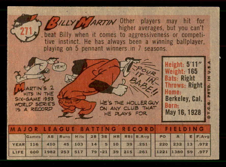 1958 Topps Baseball #271 Billy Martin Tigers EX 551545