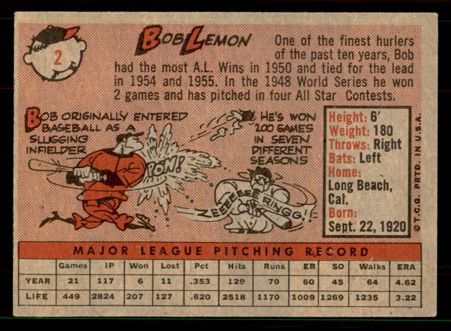 1958 Topps Baseball #002 Bob Lemon Indians EX 551548
