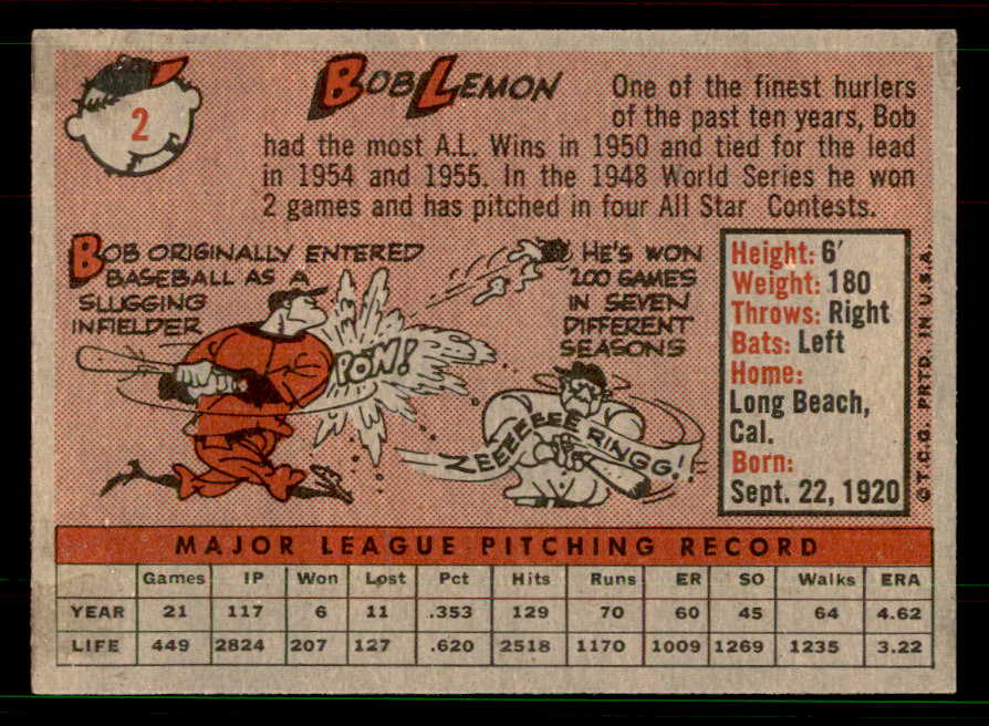 1958 Topps Baseball #002 Bob Lemon Indians EX-MT 551549
