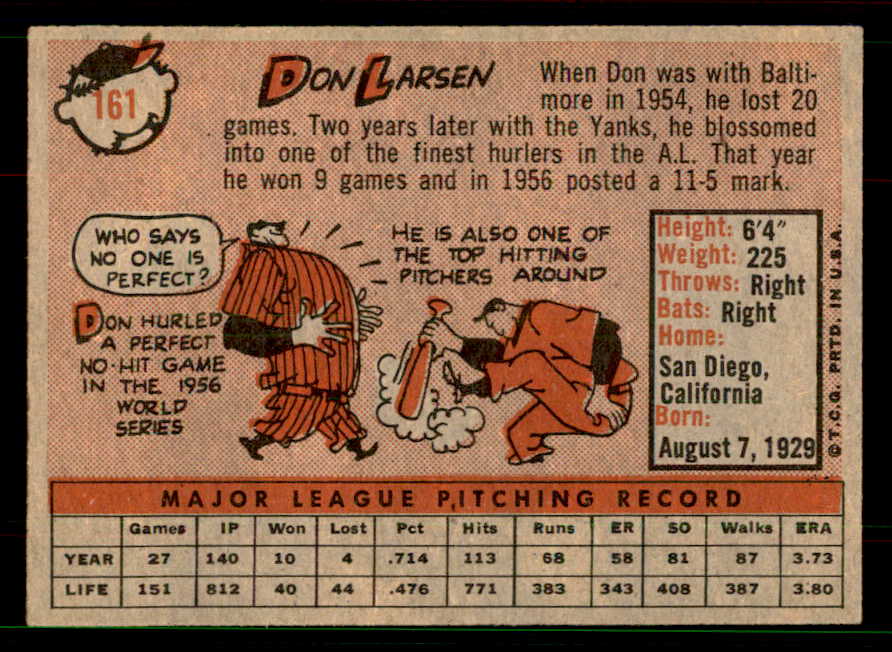 1958 Topps Baseball #161 Don Larsen Yankees VG-EX 551551
