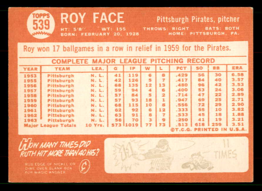 1964 Topps Baseball #539 Roy Face Pirates EX 551580