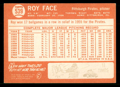 1964 Topps Baseball #539 Roy Face Pirates EX 551580