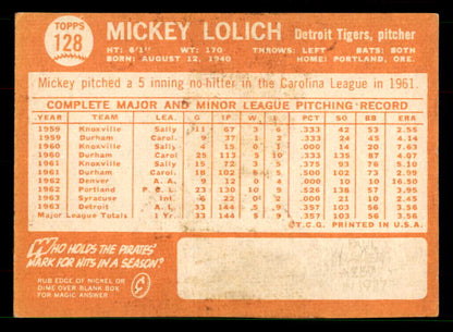 1964 Topps Baseball #128 Mickey Lolich Tigers EX 551581
