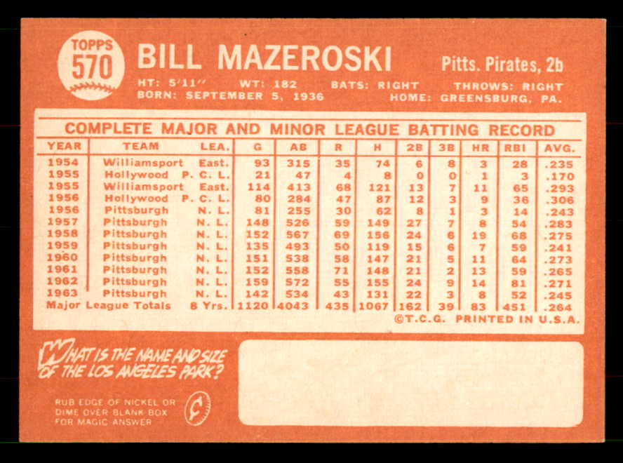 1964 Topps Baseball #570 Bill Mazeroski Pirates EX-MT 551594
