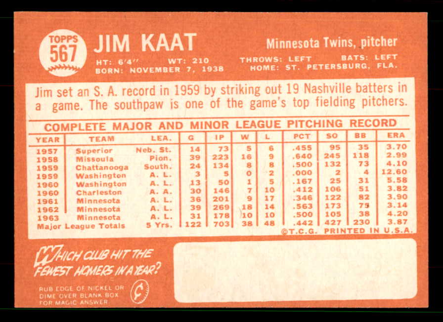 1964 Topps Baseball #567 Jim Kaat Twins EX-MT 551598