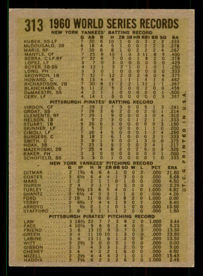 1961 Topps Baseball #313 World Series Summary Mazeroski EX-MT 551611