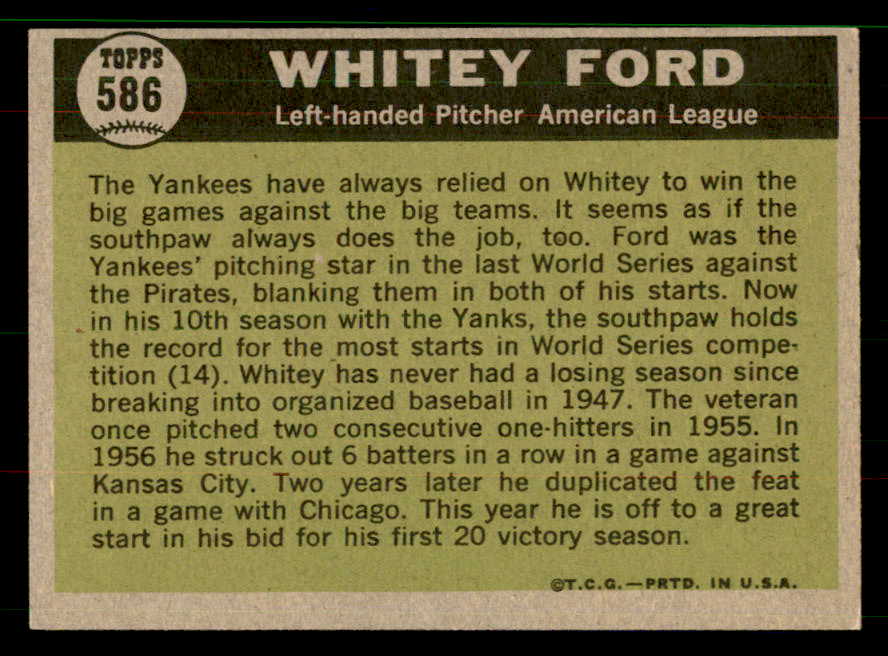 1961 Topps Baseball #586 Whitey Ford A.S. Yankees EX-MT 551621