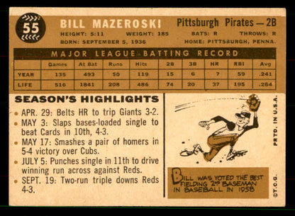 1960 Topps Baseball #055 Bill Mazeroski Pirates EX 551636