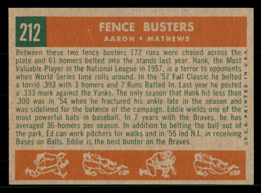 1959 Topps Baseball #212 Hank Aaron Eddie Mathews EX 551660