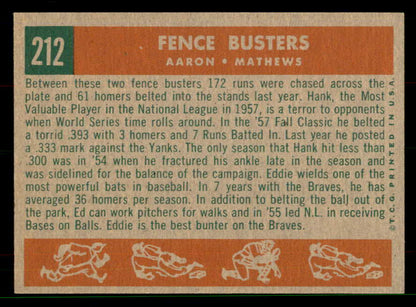 1959 Topps Baseball #212 Hank Aaron Eddie Mathews EX 551660