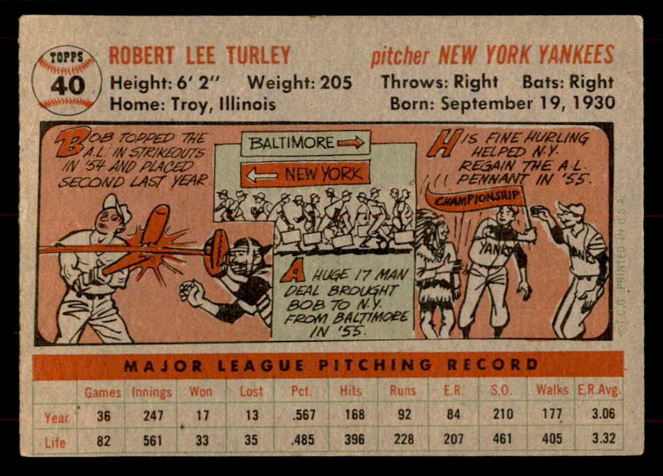 1956 Topps Baseball #040 Bob Turley Yankees EX Gray 551703