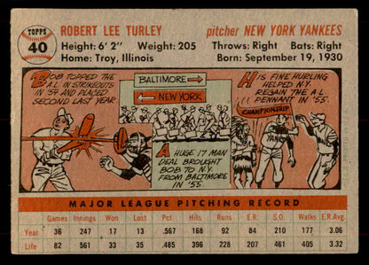 1956 Topps Baseball #040 Bob Turley Yankees EX Gray 551703