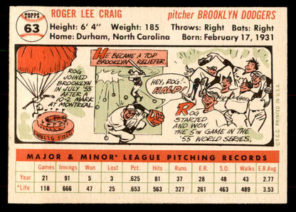 1956 Topps Baseball #063 Roger Craig Dodgers VG-EX White 551712