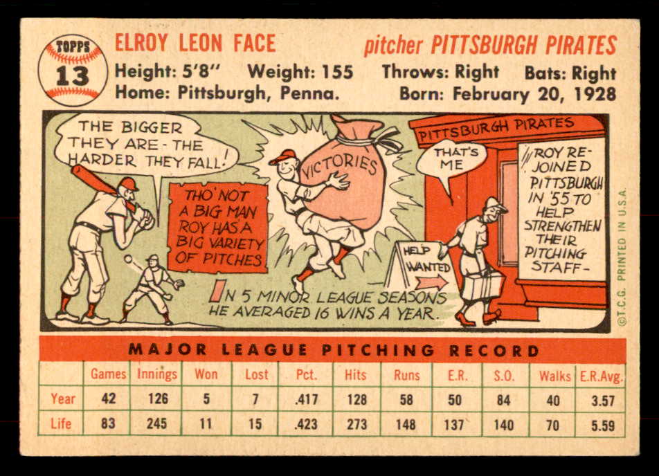 1956 Topps Baseball #013 Roy Face Pirates EX White 551718