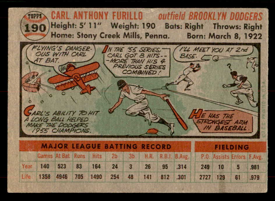 1956 Topps Baseball #190 Carl Furillo Dodgers VG 551719