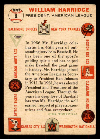 1956 Topps Baseball #001 William Harridge President VG-EX White 551723